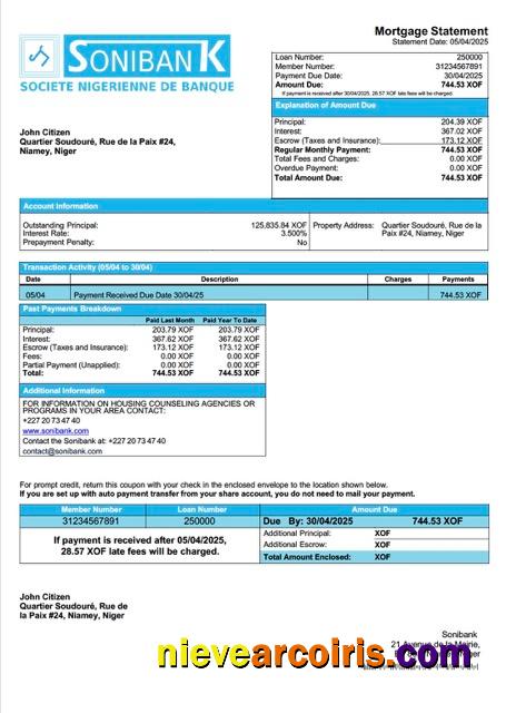 Niger Sonibank mortgage statement Word and PDF template